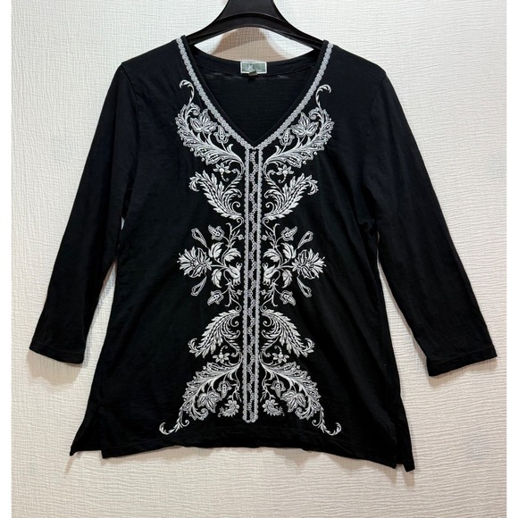 JM Collection Tops - JM Collection Embroidered Top Women L Black White Floral V-Neck 3/4 Sleeve Boho